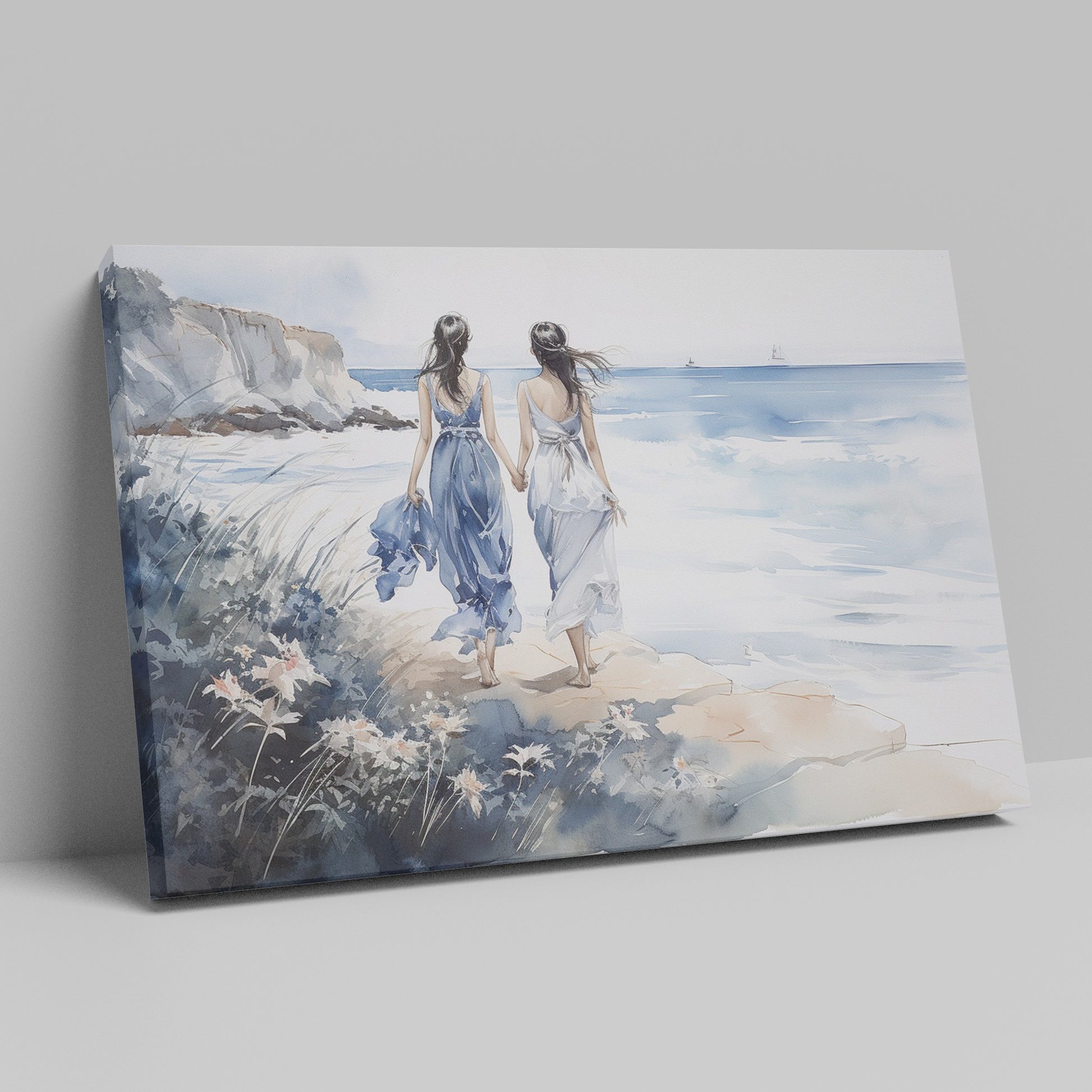 Watercolor painting of two women in blue and white dresses walking along a seaside cliff with a calm ocean backdrop