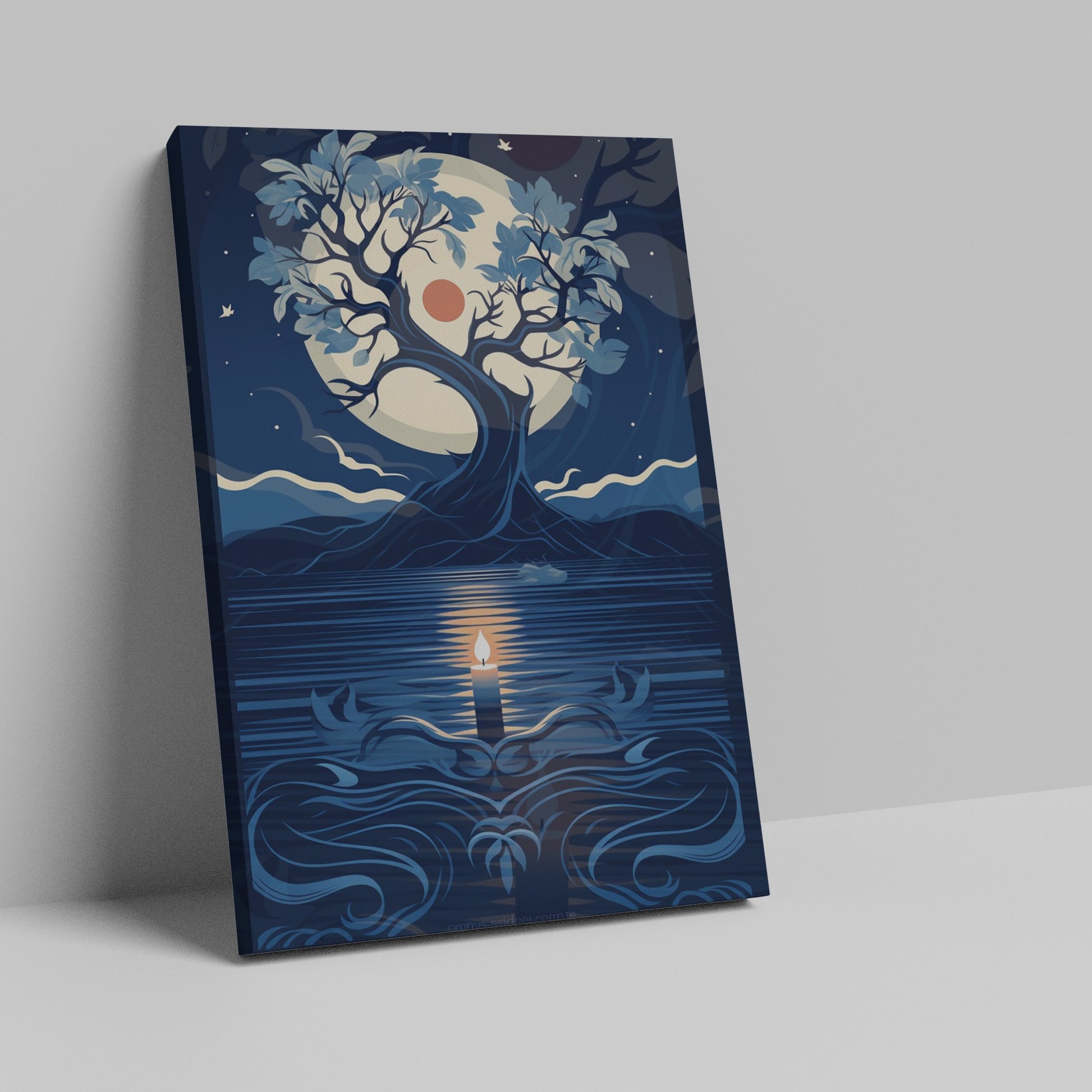 Framed canvas print of a stylised tree with moon and candle in blue shades