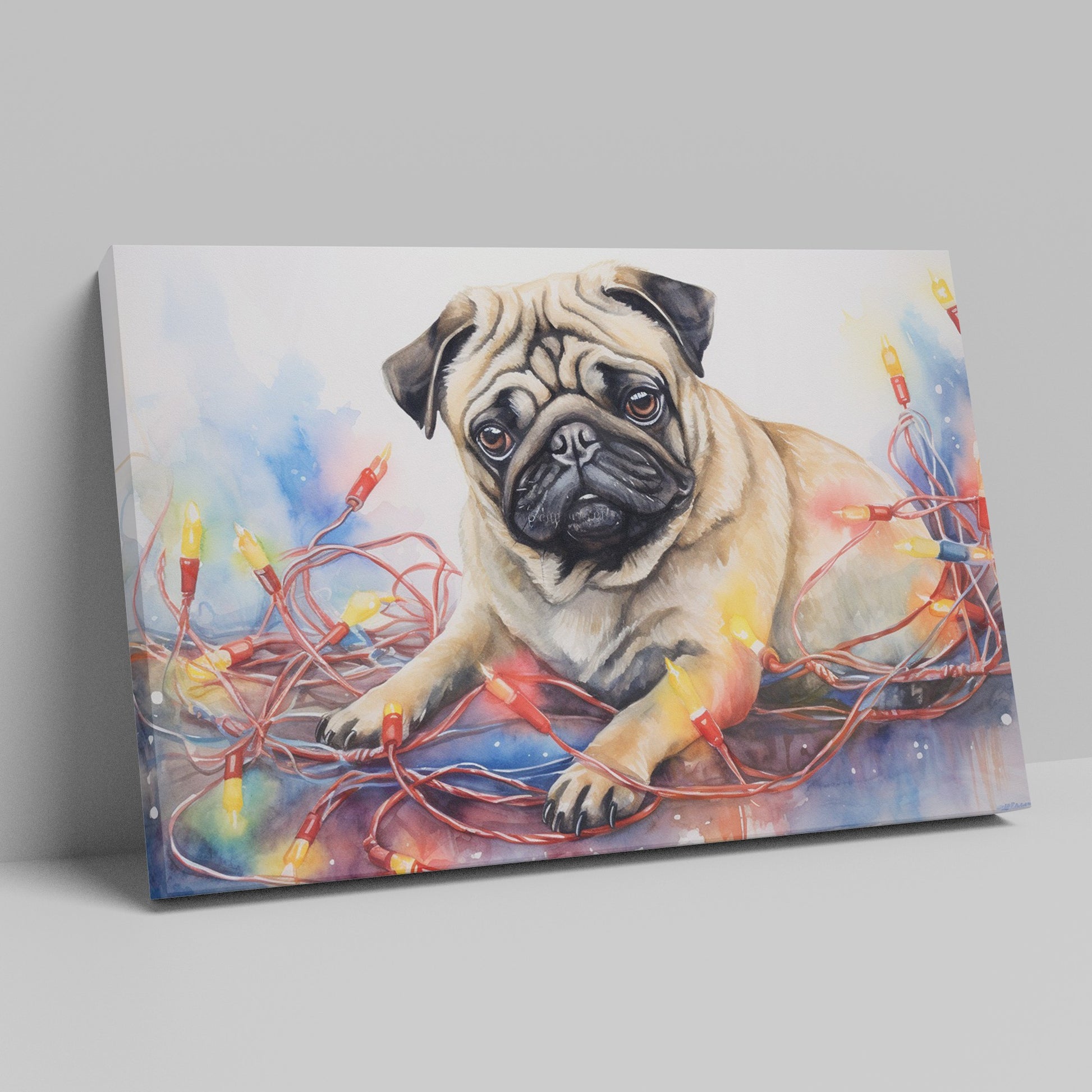 Framed canvas print of a lovable pug entwined with colourful Christmas lights in a painterly watercolour style