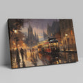 Framed canvas print of a vintage tram travelling through a city with majestic cathedral and warm evening lights reflected on wet streets