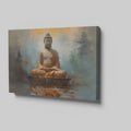 Framed canvas print of serene Buddha statue with abstract warm hues and reflective water