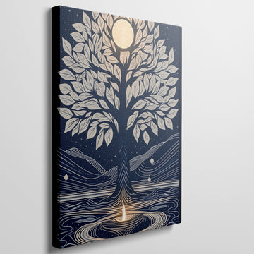 Framed canvas print of a mystical tree with a golden moon and navy background