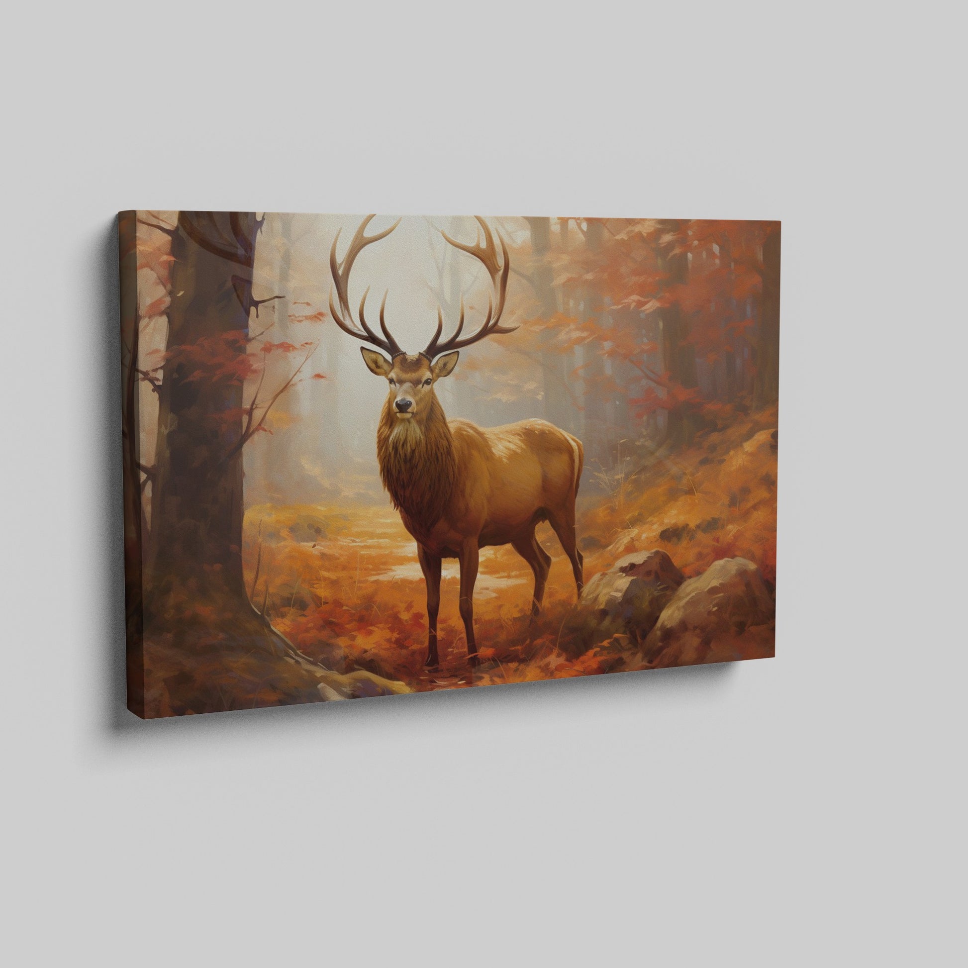 Framed canvas print of a majestic stag in an autumn forest with golden light