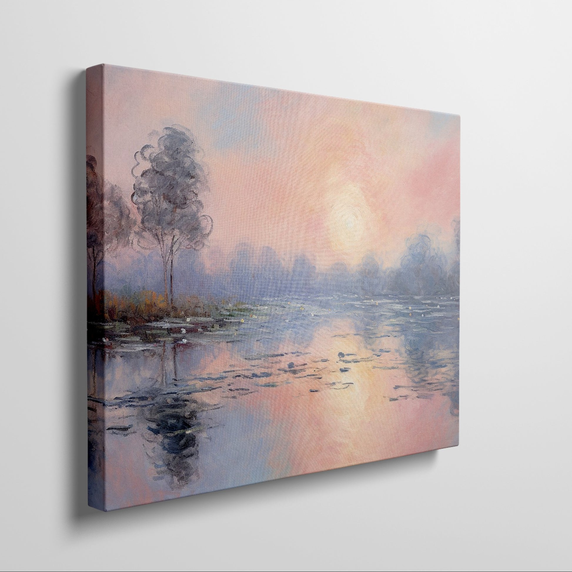 Framed canvas print of an impressionist painting depicting a serene lakeside sunrise with pastel pink and blue hues