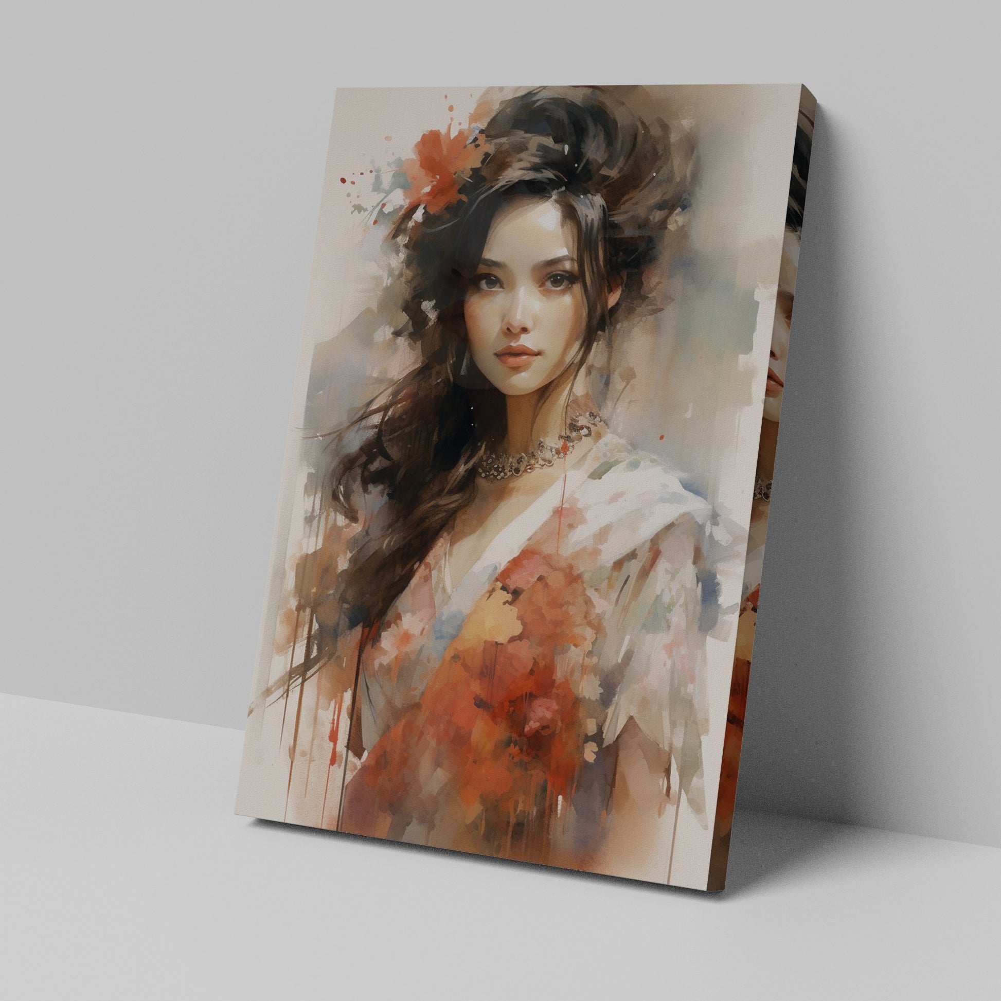 Abstract-impressionist portrait of a woman with brown hair and red accents on a canvas