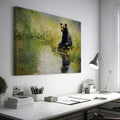 Framed canvas print of a bear sitting by a pond with floral surroundings