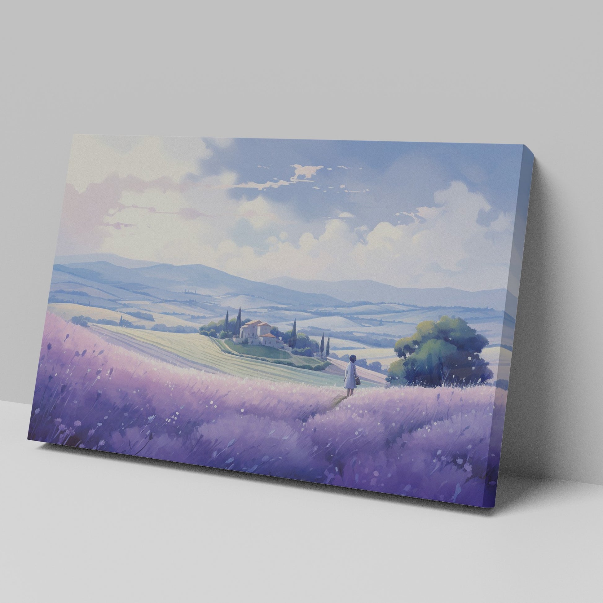 Framed canvas print of a scenic countryside with lavender fields and a rustic house