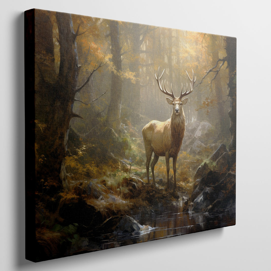 Framed canvas print of a majestic stag in a sunlit autumn forest with golden foliage