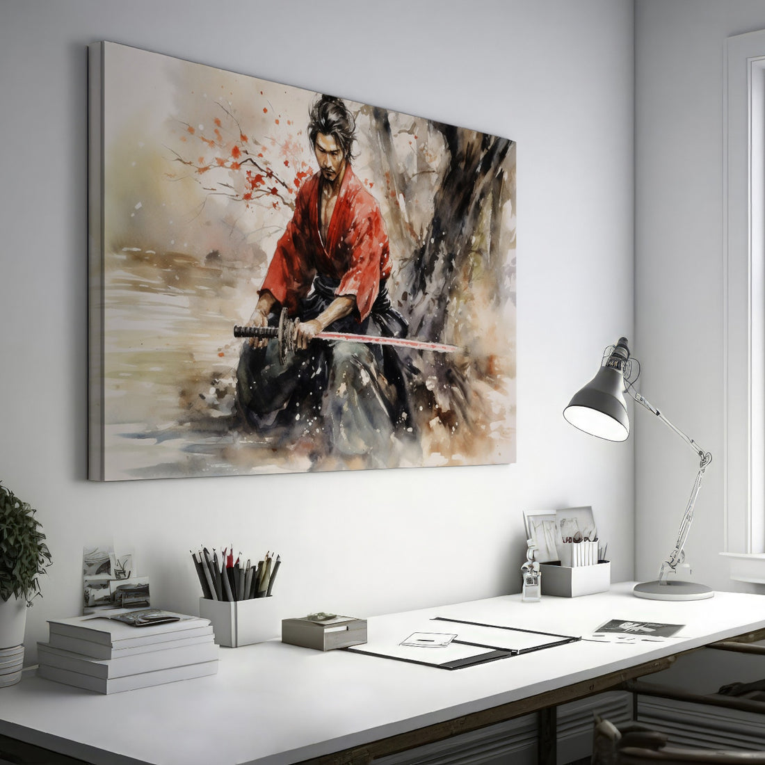 Framed canvas print of a Samurai warrior in red kimono with sword