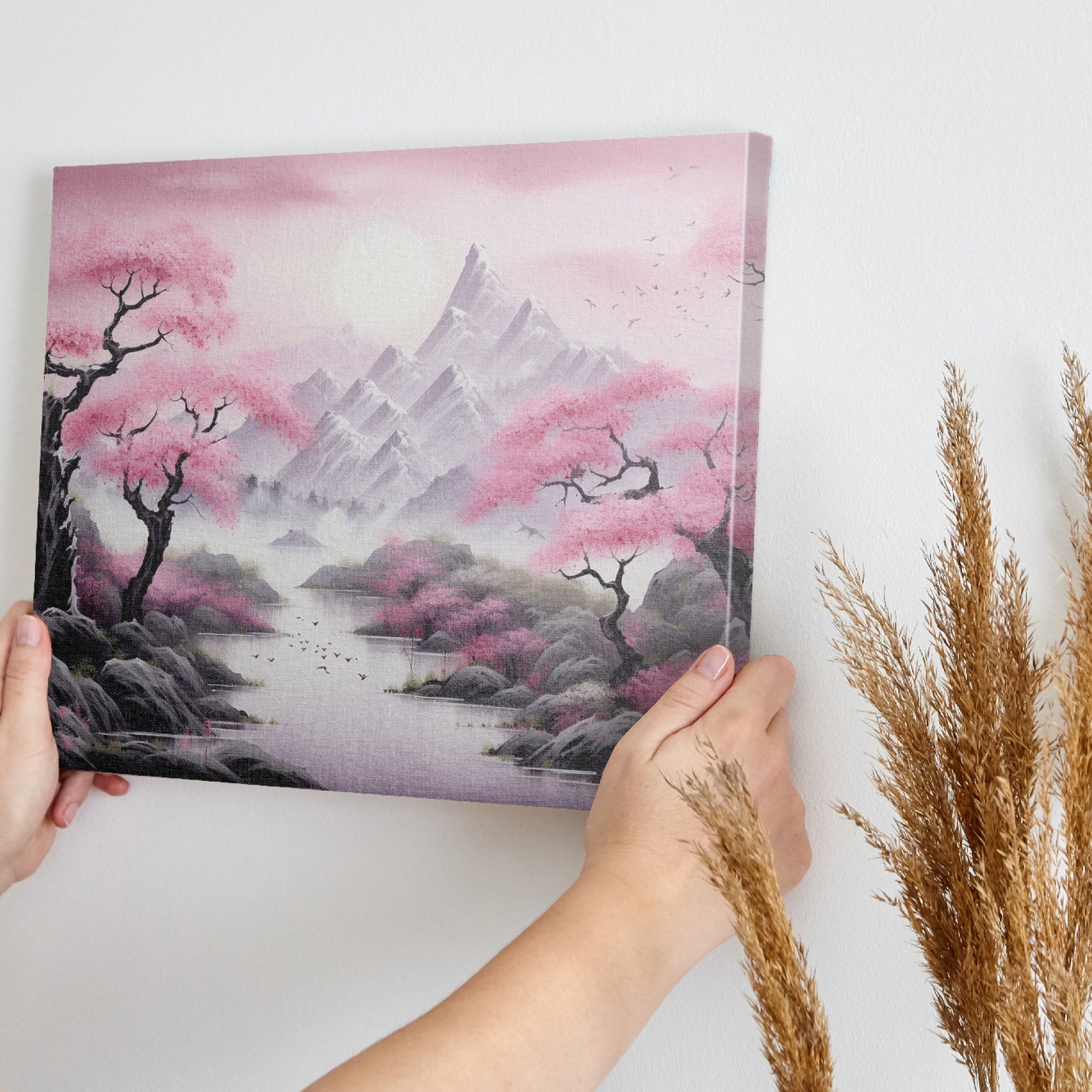 Framed canvas print of Oriental cherry blossom landscape with misty mountains and serene lake