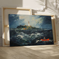 Framed canvas print of a stormy sea with a lighthouse on a cliff and a small boat navigating the waves