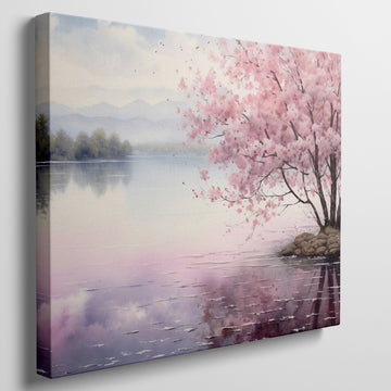 Framed canvas print of a serene cherry blossom tree by a quiet lake with pink and purple reflections