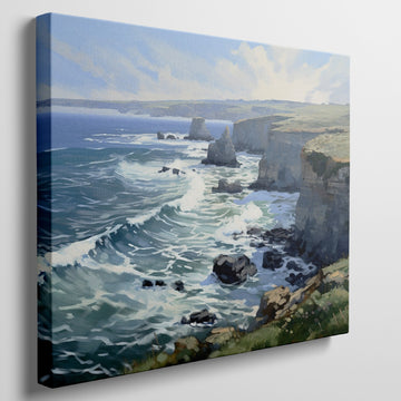 Framed canvas print of a coastal cliffside seascape with ocean waves and sunny skies