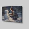 Framed canvas print of a child building a snowman on a snowy city evening