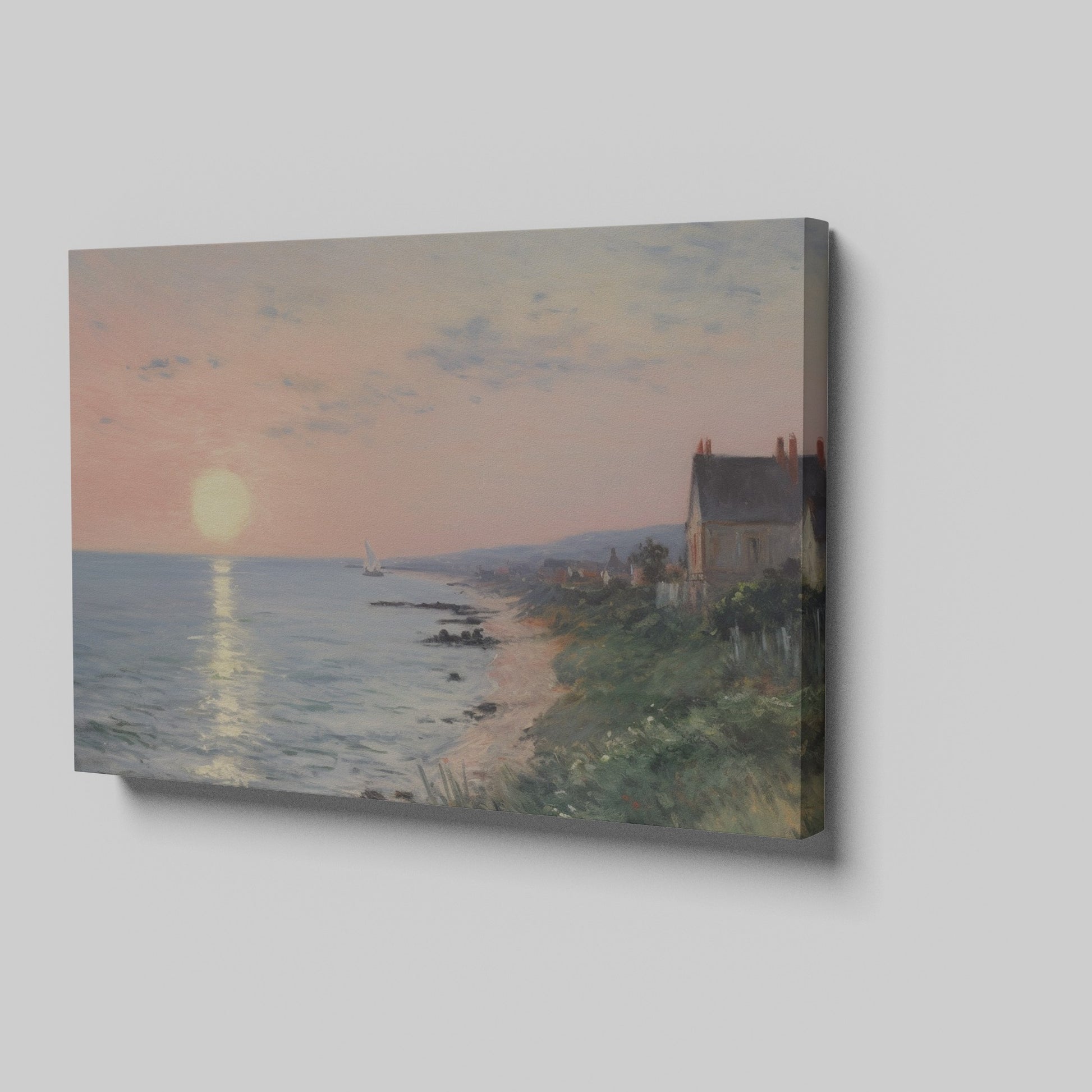 Framed canvas print of an Impressionist seascape with a sunset over the ocean and coastal village