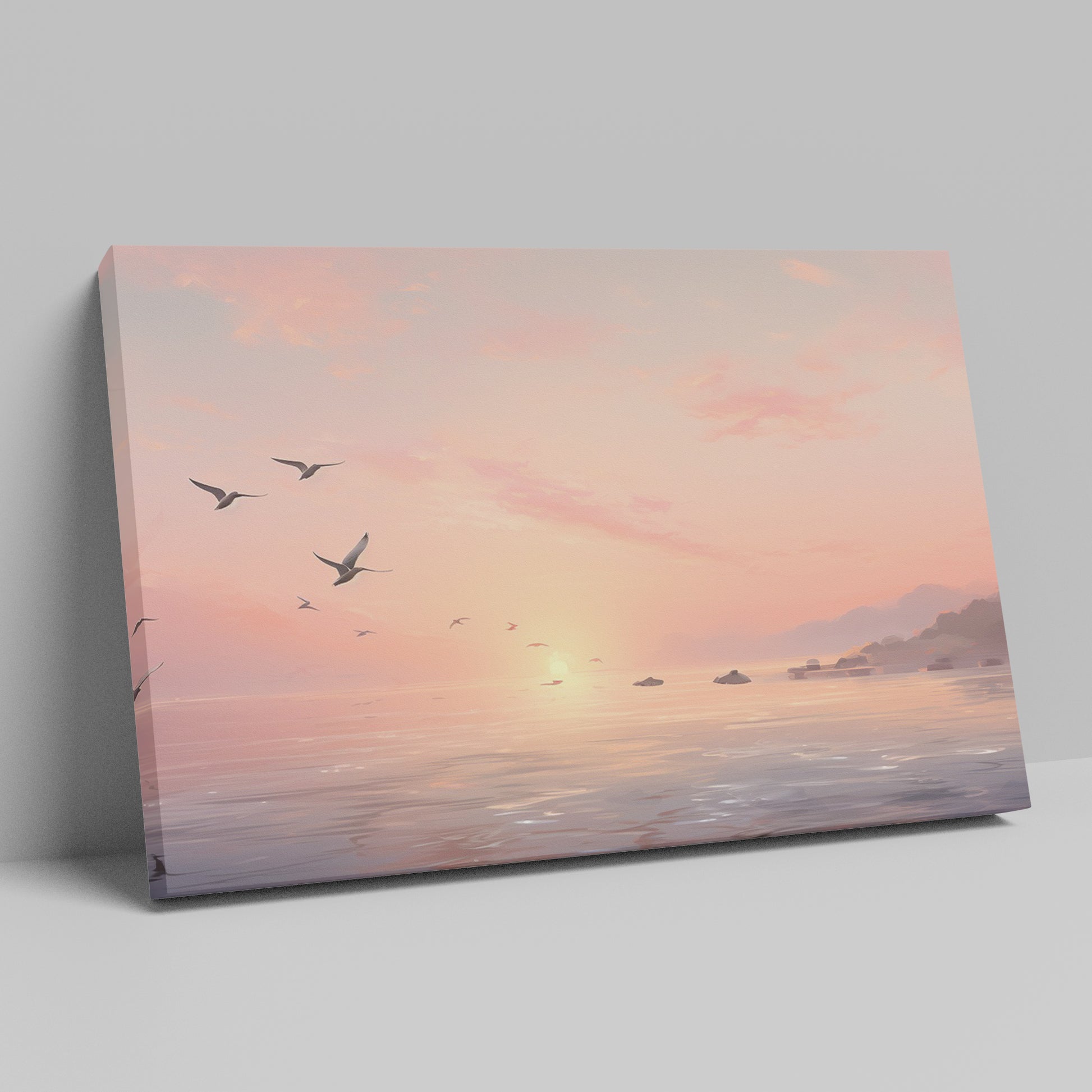 Framed canvas print of a serene seascape at sunset with flying birds and calm ocean waters