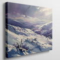 Framed canvas print of a snowy mountain landscape in watercolour with shades of purple and blue