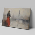 Framed canvas print of an elegant woman overlooking a misty cityscape with a red dress as a focal point