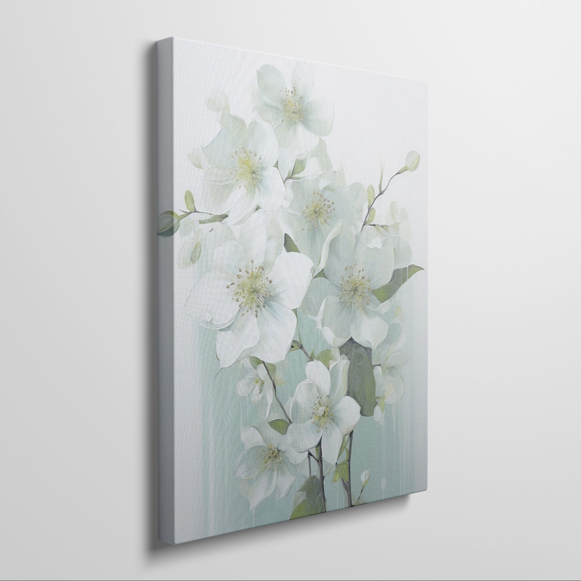 Framed canvas print of delicate white blossoms with a pastel background