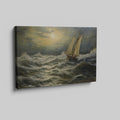 Framed canvas print of a classic maritime seascape with a sailing ship braving tumultuous ocean waves under a cloudy golden sky.