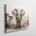 Framed canvas print of a realistic African elephant in a savannah landscape with acacia trees and soft beige tones