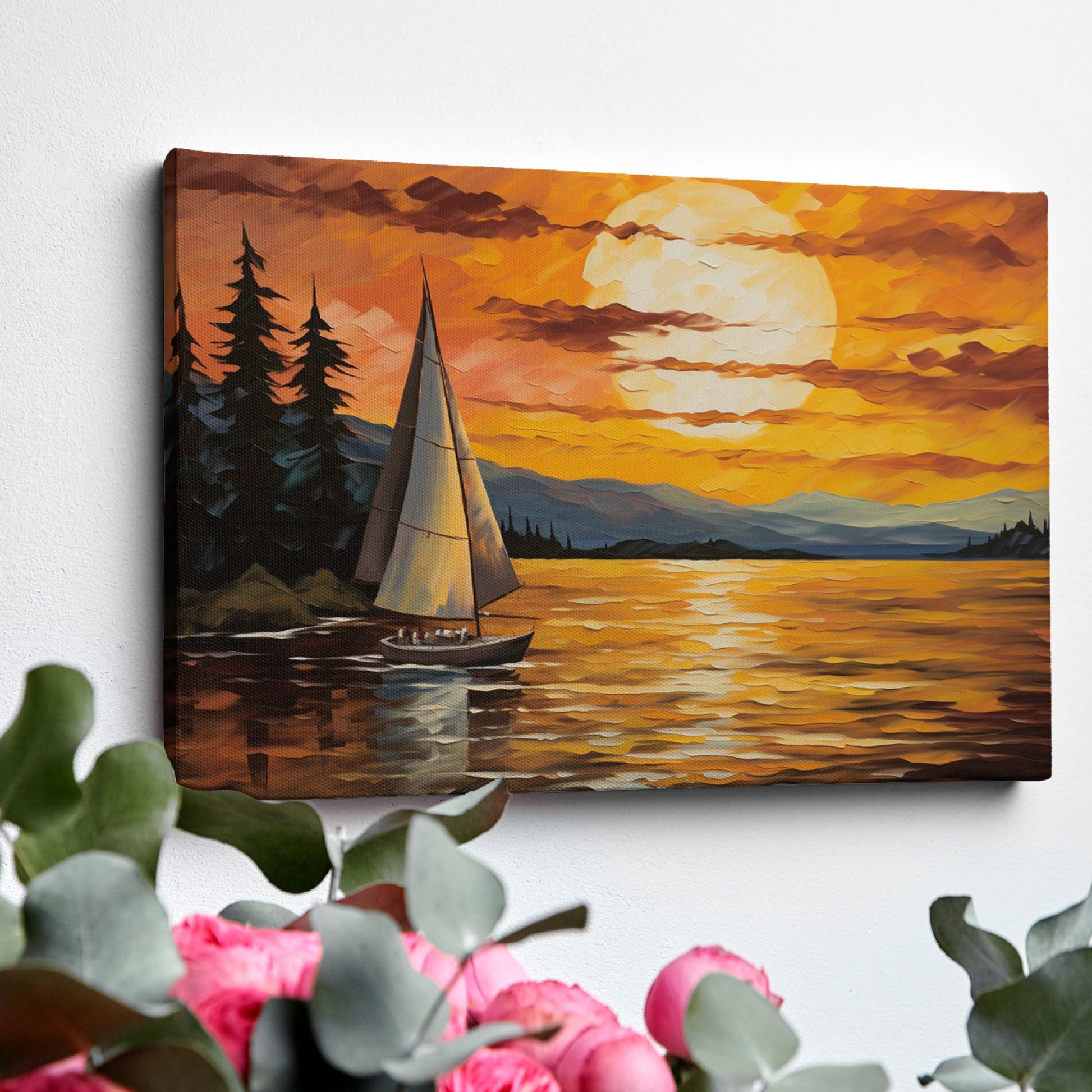 Abstract sailboat at sunset with orange and yellow sky over blue water, bordered by dark trees.