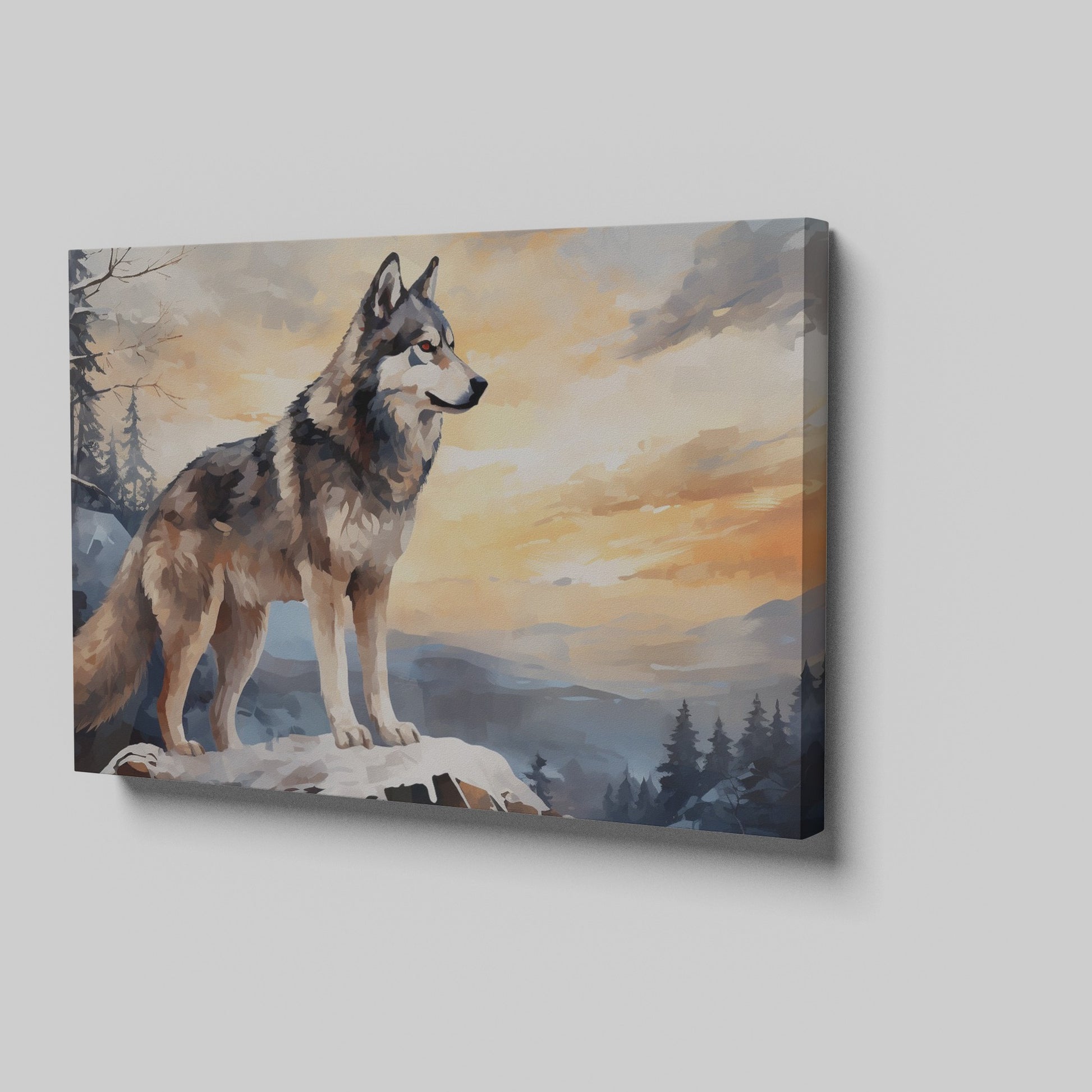 Framed canvas print of a majestic wolf overlooking a forest landscape at sunset