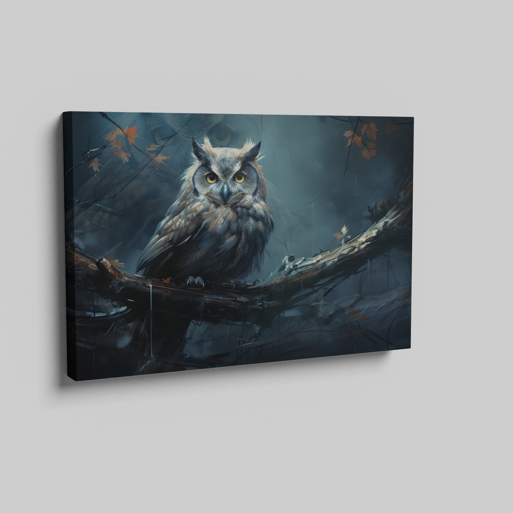 Framed canvas print of a mystical owl with amber eyes perched on a branch against a dark, moody background with autumn leaves