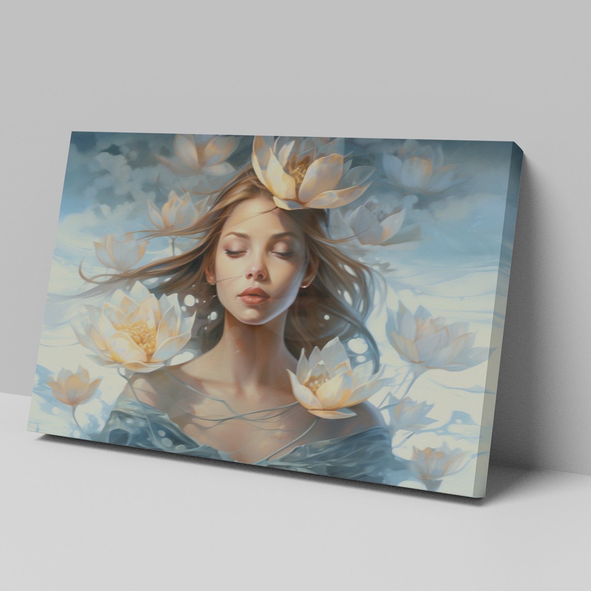 Framed canvas print of an ethereal woman with waterlilies and a dreamy blue palette