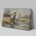 Framed canvas print of two horses by a creek in an impressionist style with warm autumn hues