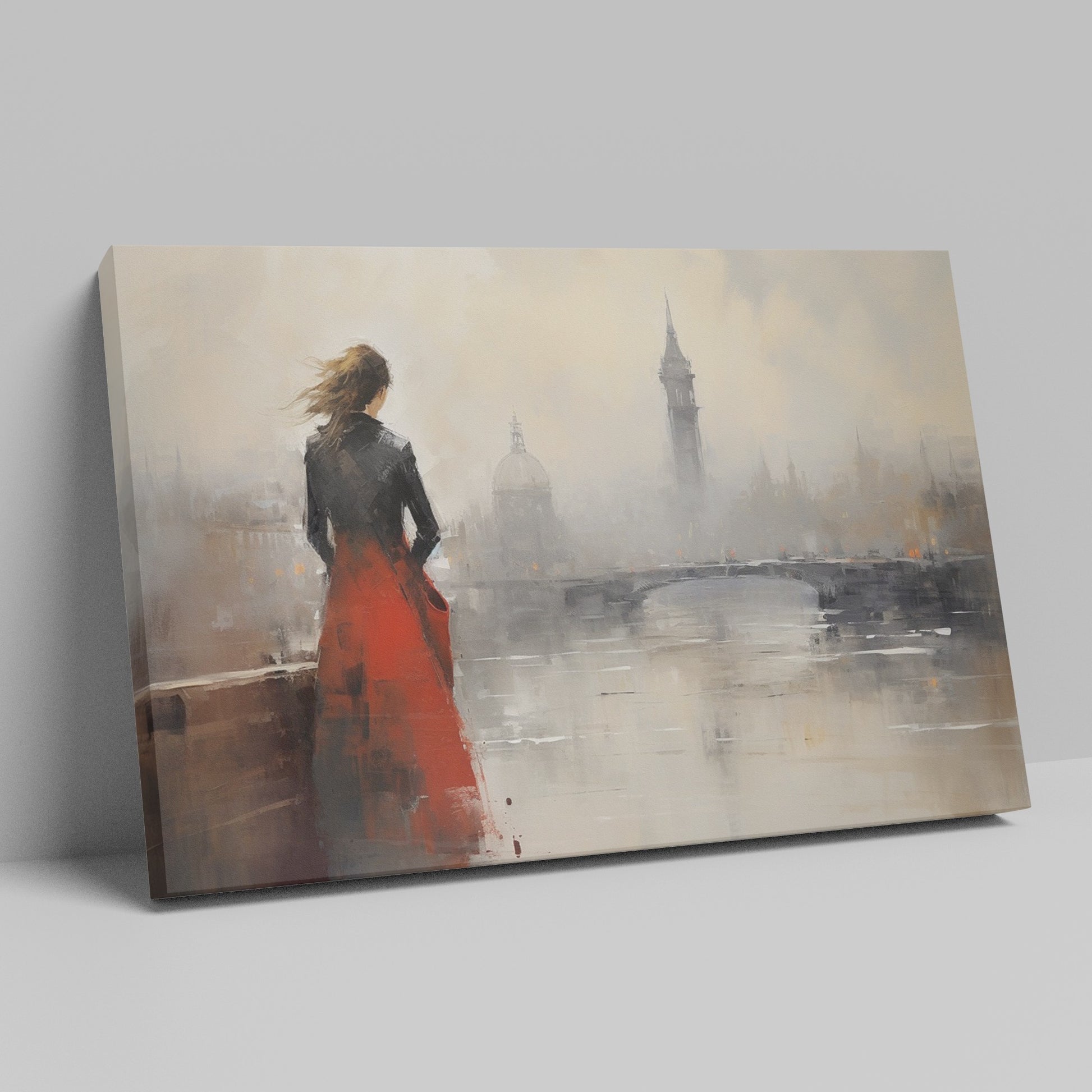 Framed canvas print of an elegant woman overlooking a misty cityscape with a red dress as a focal point