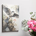 Framed canvas print of a majestic bird in flight with Asian inspired watercolour background