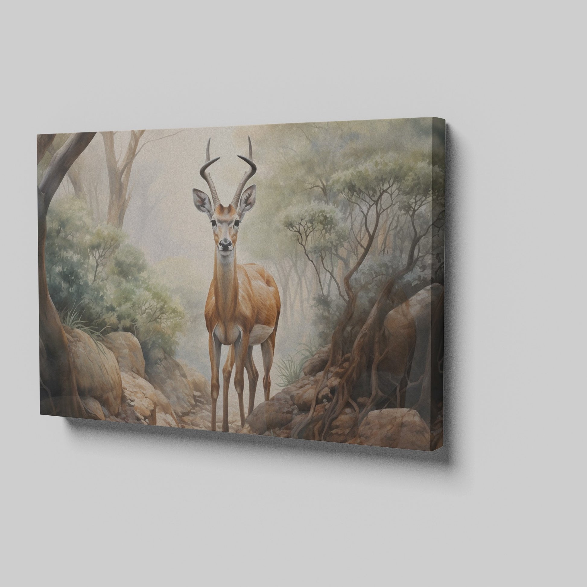 Framed canvas print of a realistic antelope in a misty forest setting with warm, earthy tones