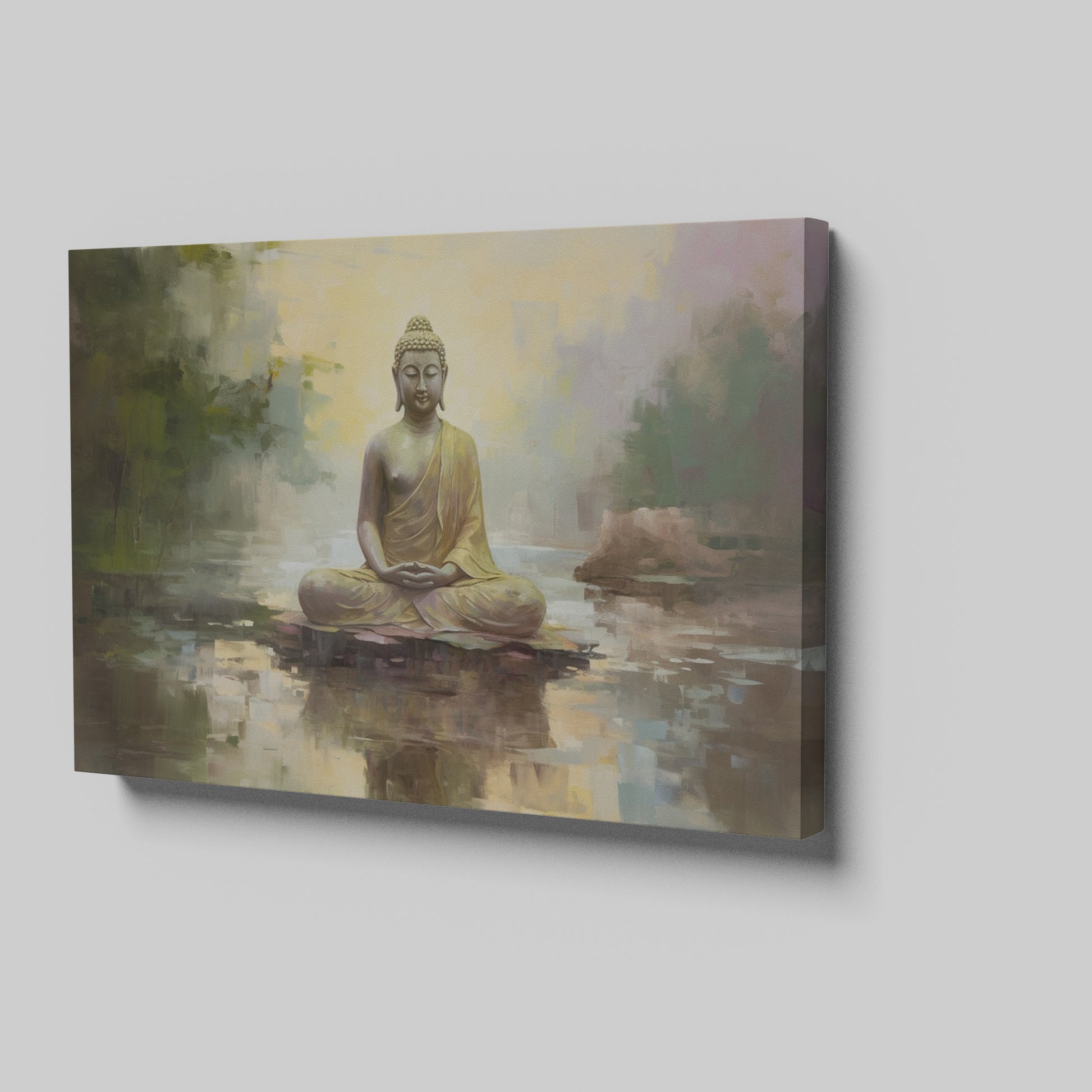 Framed canvas print of a serene golden Buddha seated by water with impressionistic background