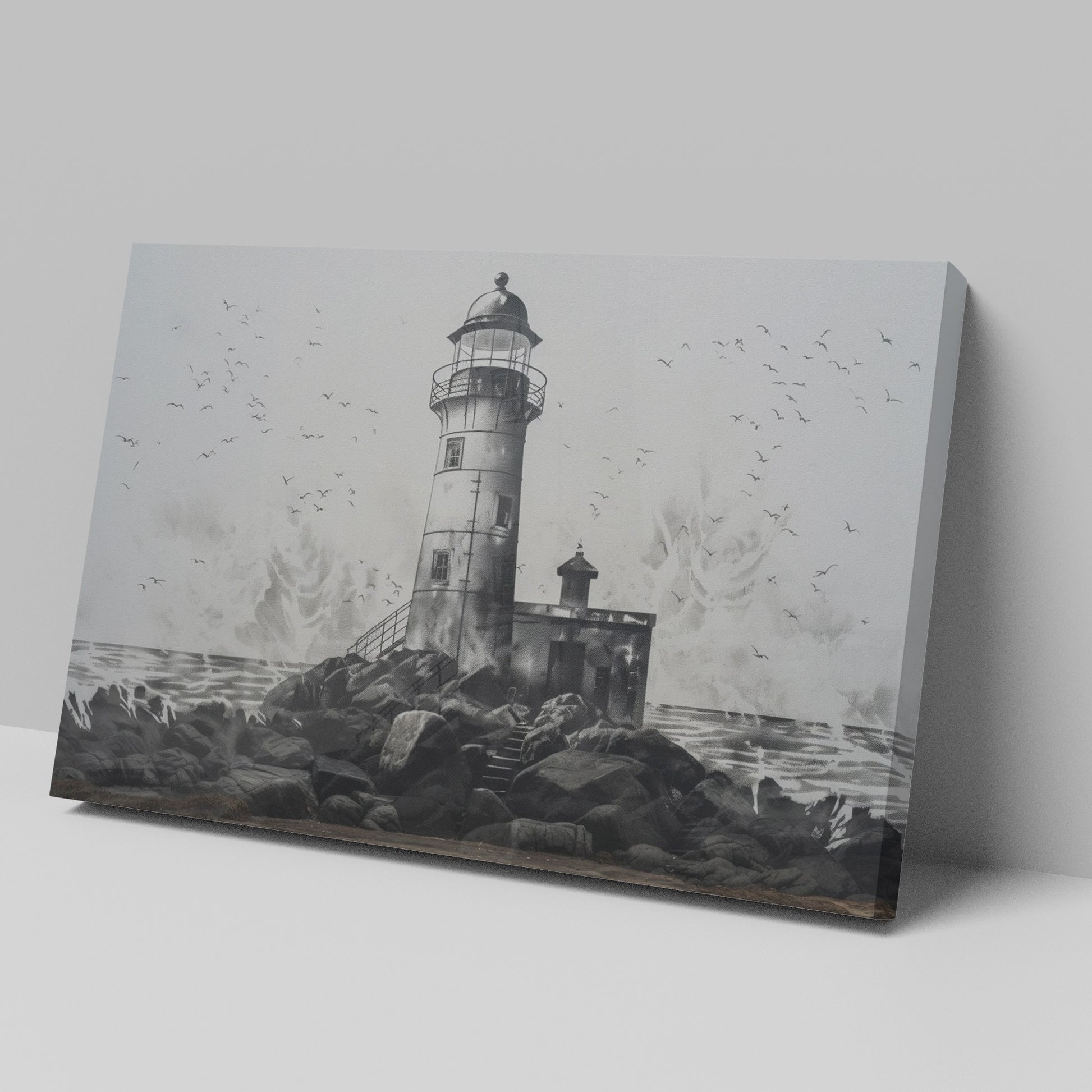 Framed canvas print of a monochrome lighthouse and seagulls on a rocky coastline