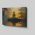 Framed canvas print of Buddha silhouette before an orange sunset with tree reflections on water