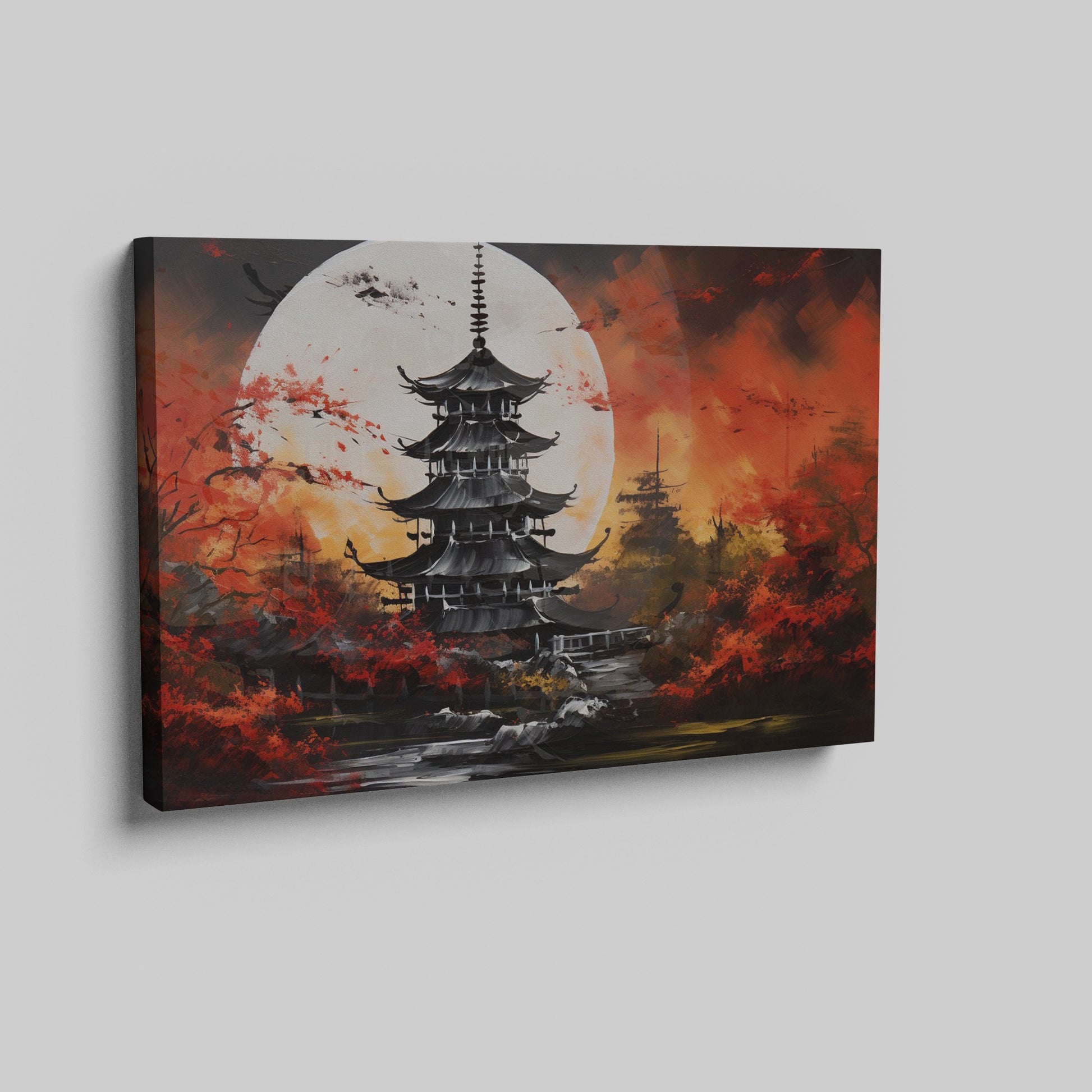 Framed canvas print of a traditional Asian pagoda under a full moon with vibrant autumn red and black colours