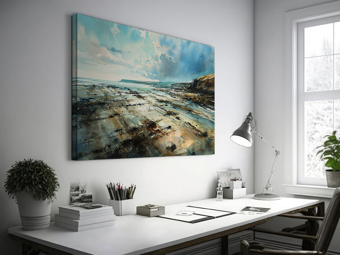 Framed canvas print of a serene watercolour coastal landscape with soft blues and natural earthy tones