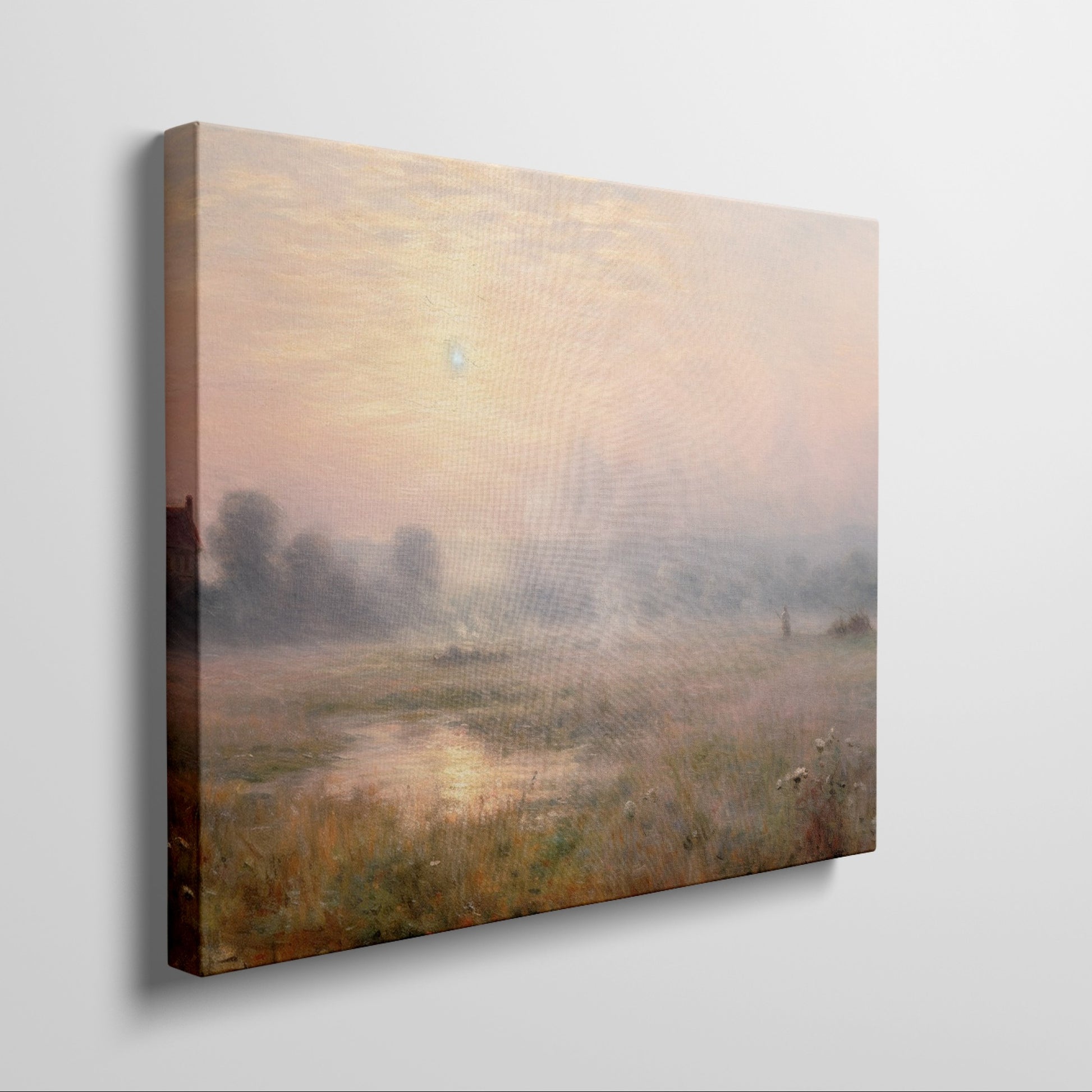 Framed canvas print of a misty countryside meadow with a sunrise and soft pastel colours