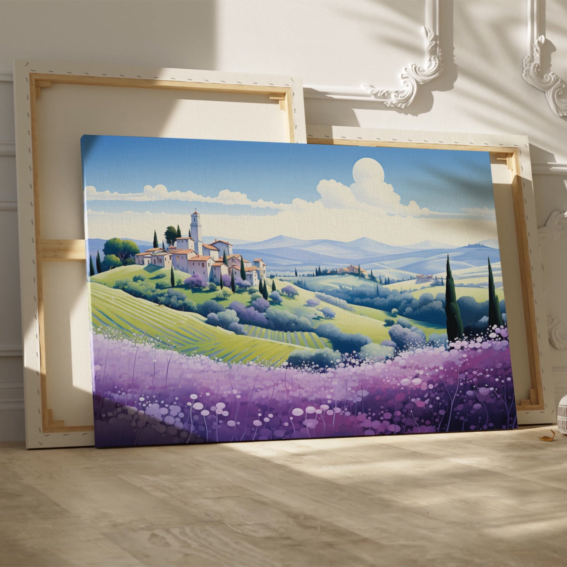 Framed canvas print of stylised Tuscan village landscape with pastel countryside and purple floral field