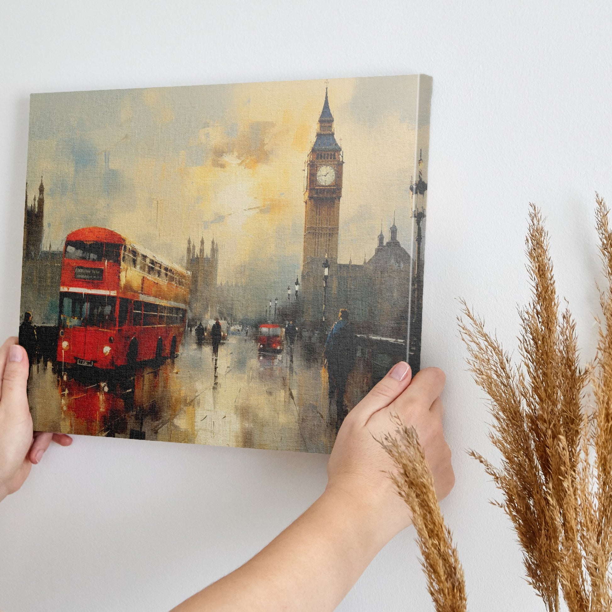 Framed canvas print of London with rain-swept Westminster, Big Ben, and a vintage red bus