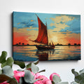 Impressionist style painting of a sailboat with a red sail on calm waters at sunset with vibrant blue and orange sky