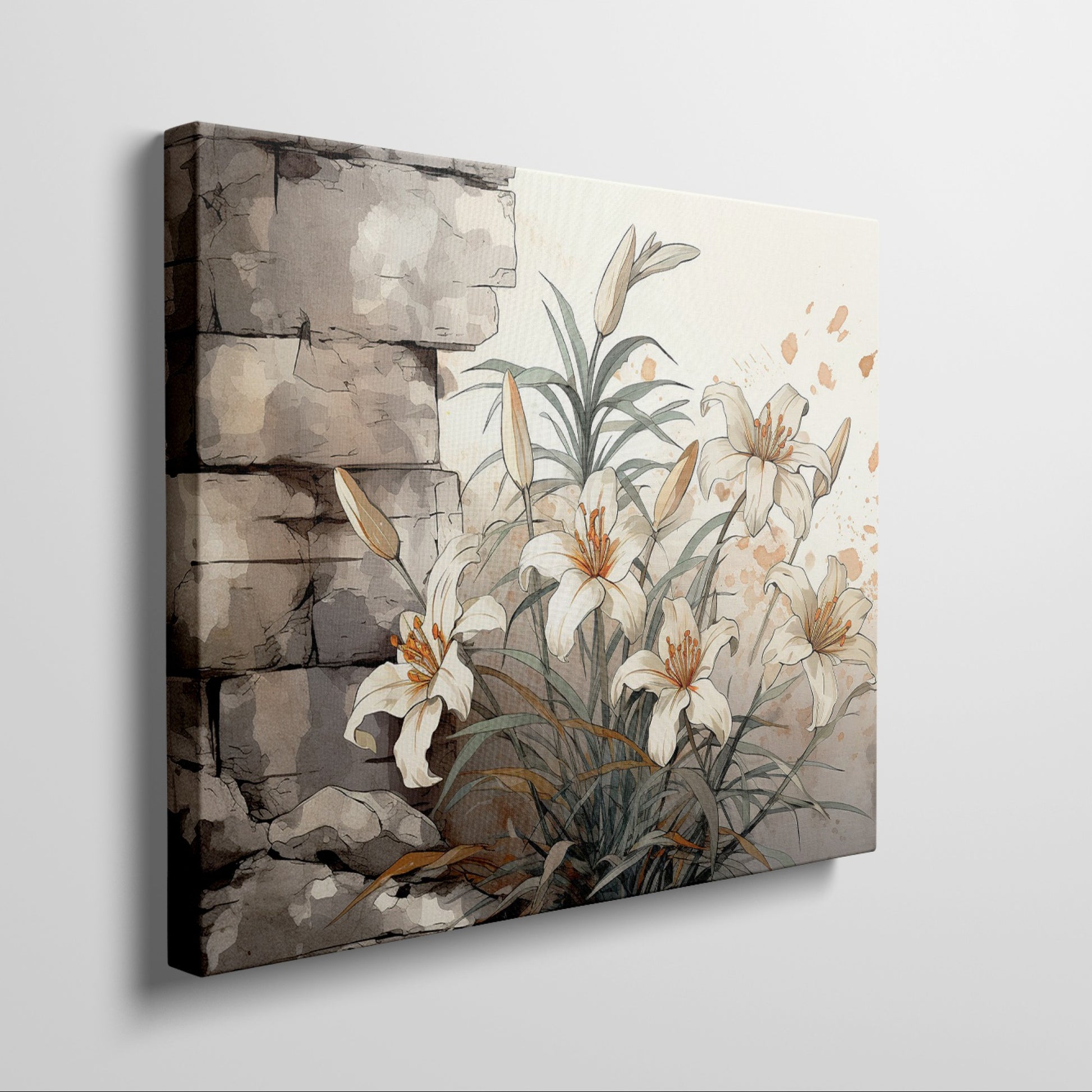 Framed canvas print of elegant white lilies with a rustic textured background in warm earthy tones