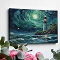 A canvas painting of a lighthouse on a cliff with a swirling starry sky and rough sea in shades of blue and green.