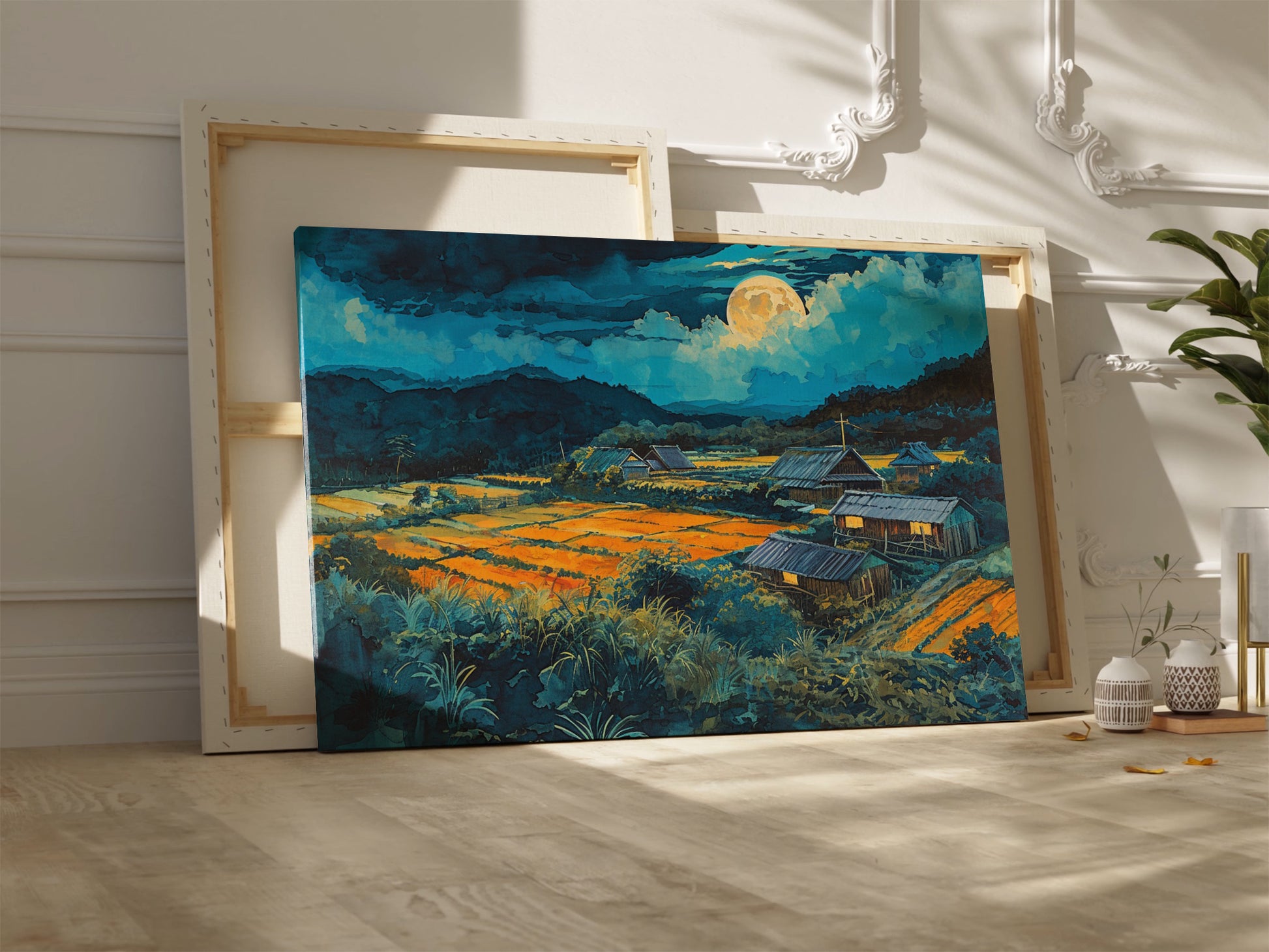 Framed canvas print of a moonlit countryside scene with vibrant fields and rustic homesteads