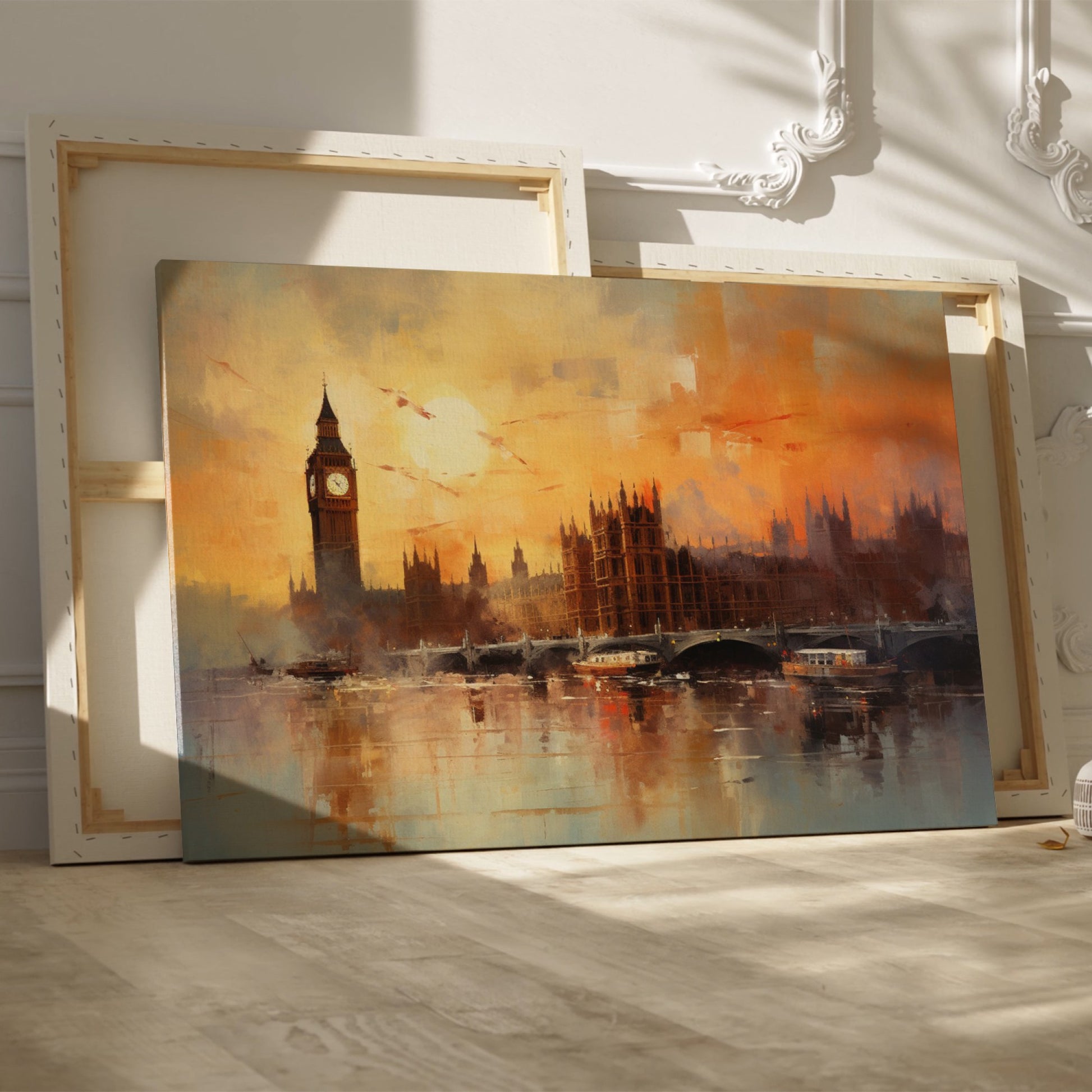 Framed canvas print of an impressionist painting featuring the London skyline with Big Ben at sunset