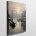 Framed canvas print of serene harbour with sunset, reflective water and sailing boats