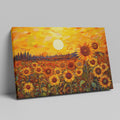 Framed canvas print of sunflowers beneath a golden sunset in an illustrative style