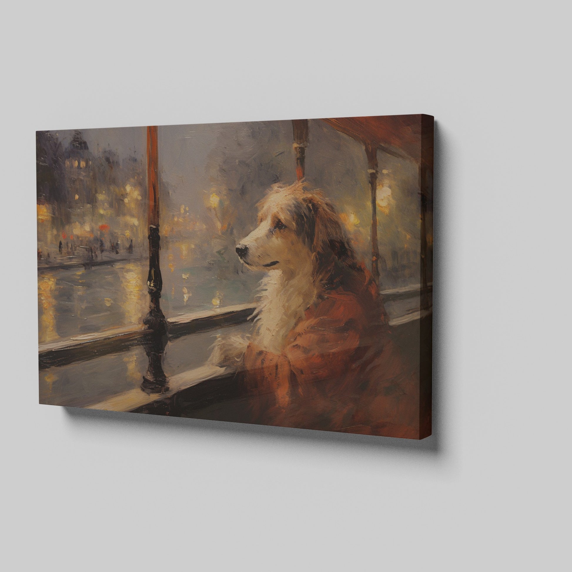 Framed canvas print of a dog looking out of a window at a city scene with warm, glowing lights