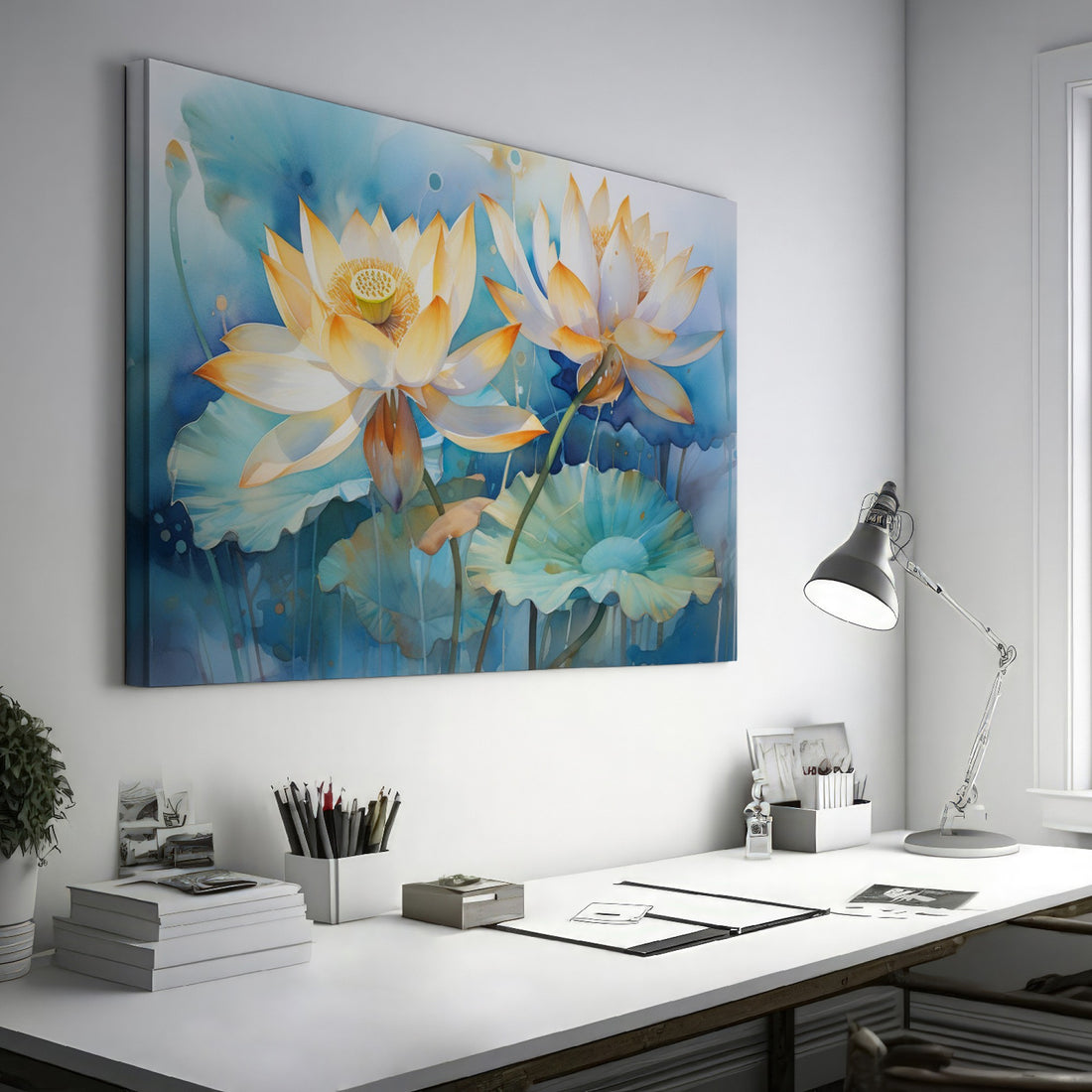 Framed canvas print of tranquil watercolor lotus flowers with pastel hues on a serene blue background